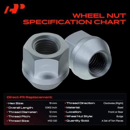 A-Premium Front or Rear M12-1.50 Wheel Lug Nuts, Set of 10 10PCS