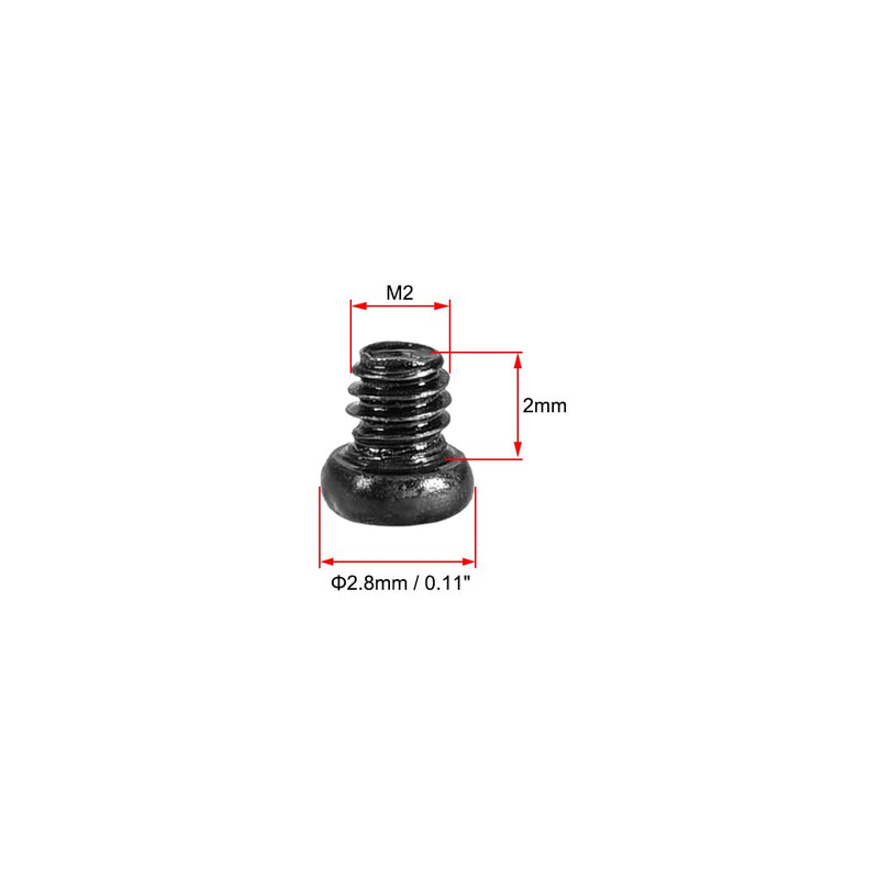 uxcell M2x2mm Phillips Screw Fastener Black 2.8mm Dia Screw Head for Laptop PC TV Fan Switch 100pcs