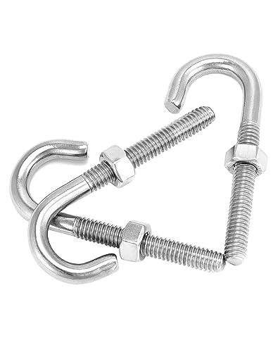 QWORK Steel J-Bolt 5/16" x 3" with Nut, 10 Pack Partial Thread Light Duty Anchor for Wood, Concrete & Metal Projects