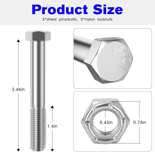 Grade 5 Shear Bolt Kit Replacement Rotary Cutter Shear Bolts 1/2" x 3-1/2" Shear Bolts for Bush Hog Snowblower Tractor Nut Bolt with Nylock Nuts- 5 Pack