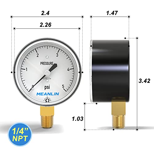 MEANLIN MEASURE 0-5psi Diaphragm Type Capsule Low Pressure Gauge 1/4" NPT 2-1/4" FACE DIAL Adjustable Water Column Gauge, with 1/4" x 1/2" NPT and 1/4" x 3/8" NPT Hex Bushing, Lower Mount 0~5Psi