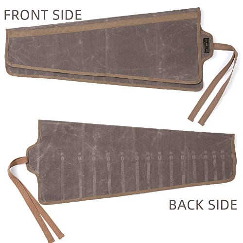 Tool Roll Up Organizer Bag, Heavy Duty 16oz Waxed Canvas Wrench Roll Up Bag with Straps, Multi-Purpose Tool Pouch (Grey) Grey