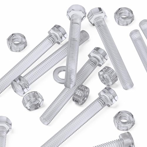 Pack of 30 Transparent Clear Plastic Acrylic M6 x 50mm Nuts & Bolts, Acrylic Plastic Screws, Hexagon Head, 15/64 x 1 31/32