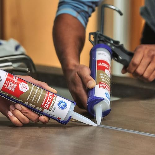 GE Advanced Silicone Caulk for Kitchen & Bathroom, White, 10 fl oz Cartridge, 1 Pack - 100% Waterproof Silicone Sealant, 5X Stronger Adhesion, Shrink & Crack Proof Pack of 1