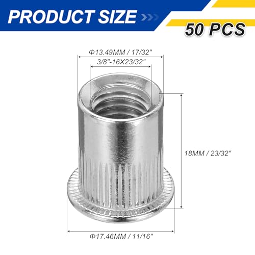 50Pcs Rivet Nut 3/8"-16x23/32 304 Stainless Steel Silver 3/8"-16x23/32" 50