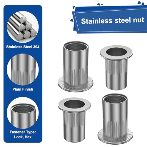 QISHENG 10 PCS 1/2"-13 Stainless Steel SAE Rivet Nuts,Stainless Steel 18-8 A2(304) Nut,Home Nut Colorless