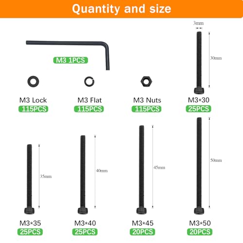 461Pcs M3 Socket Head Screws Metric Screws Bolts Washers Nuts Kit M3 x 30mm, 35mm, 40mm, 45mm, 50mm