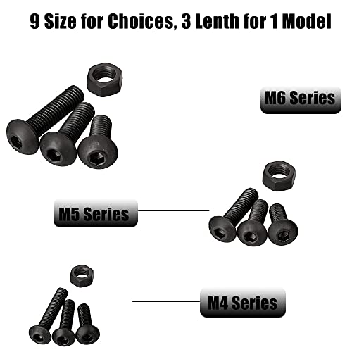219 Pcs Threaded Button Head Hex Socket Bolts and Nuts, Black Black Round Head