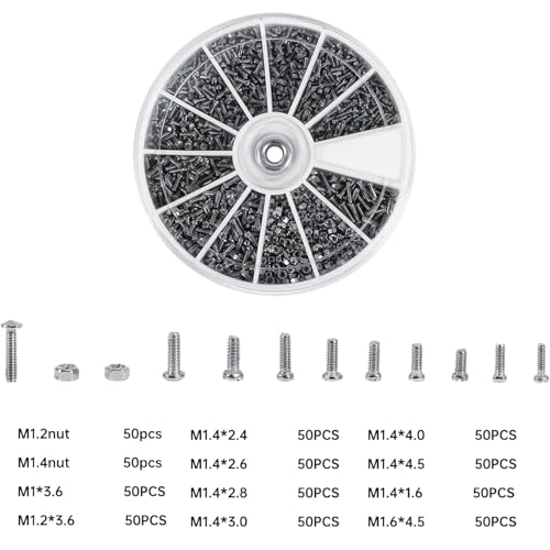 600PCS Small Screws Assortment Kit,12 Kinds M1 M1.2 M1.4 M1.6 Tiny Stainless Steel Miniature Screw Set for Watch Repair, Watchmaker, Electronics, Eyeglass Repair