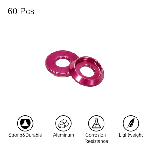 MECCANIXITY M4 Cone Cup Countersunk Washers,Hole Dia 4mm/0.16" Aluminum Gaskets Cup Head Washer Gasket for Screw RC/FPV/PC/Drone/Mechanical Accessories Model Parts,Pack of 60(Hot Pink) Hot Pink
