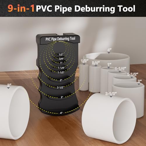 9-in-1 PVC Pipe Deburring Tool, Adjustable Chamfer Tool 0.5"–4", PVC Pipe Reamer, Plastic Pipe Deburr Tool for PVC CPVC ABS PP PE, Plumbing Chamfer Reamer Tool Set (Black) Black