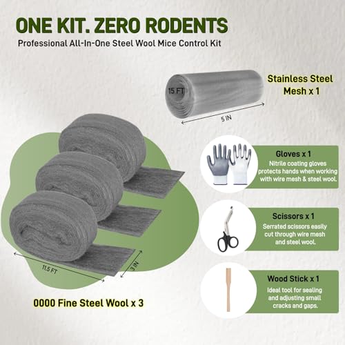 Steel Wool Mice Control, 3 Pack 3’’x11.5Ft Steel Wool & 1 Pack 5’’x15Ft Stainless Steel Wire Mesh with Gloves, Scissors & Wood Stick, Mouse Hole Filler DIY Kit for House & Garage, Wall Gaps
