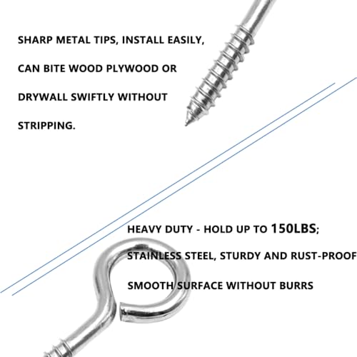 40 Pcs 2.6 Inch Heavy Duty Eye Screws Stainless Steel Eye Hooks,Metal Eye for Wood Bolts Screw in Hooks Self Tapping Eye Lag Eyebolt for, Indoor & Outdoor Use 2.6inch-40pcs