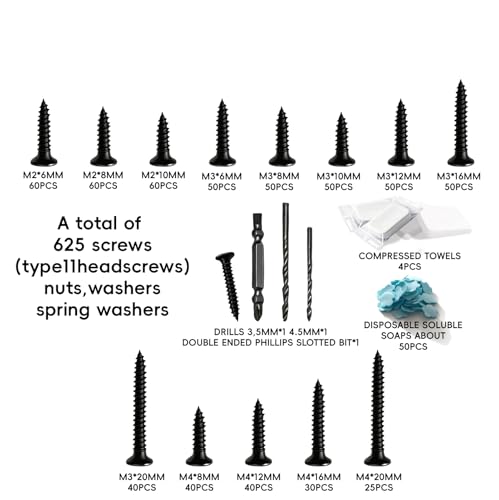 625pcs Self-Tapping Screws Assortment Kit, Phillips Pan Head 14 Sizes M2 M3 M4, Black Carbon Steel Sharp Point for Wood Plastic Soft Metal 625