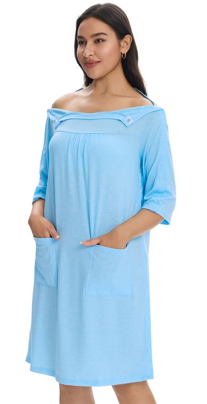 Women's Magnetic Post Shoulder Surgery Dress Rotator Surgery Recovery Must Haves Hospital Gown Adaptive Clothing with Pockets Large Sky Blue