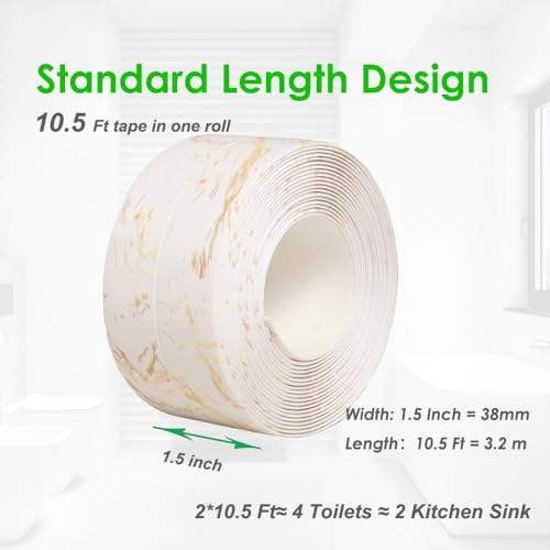 Kitchen & Bath Tape Caulk Strip, 1.5 Inch 16.4 Ft PVC Self Adhesive Waterproof Caulking Sealing Tape, Decorative Sealant Trim for Kitchen Sink Toilet Bathroom Shower and Bathtub (GoldCrack3.2M*2) GoldCrack3.2M*2