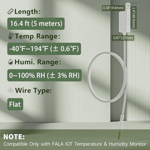 External Flat Temperature & Humidity Sensor Probe – Waterproof, (-40°F to 194°F, 0 to 100% RH), 16.4ft Length for Greenhouse, Farm, Freezer & Industrial Use, Only for FALA IOT Detector Flat Cable-16.4 ft