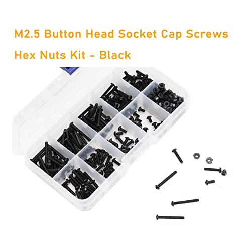 280pcs M2.5 Button Head Hex Socket Cap Screws and M2.5 Black Hex Nuts Assortment Kit with Allen Key, 4mm/ 6mm/ 8mm/ 10mm/ 12mm/ 14mm/ 16mm/ 18mm/ 20mm