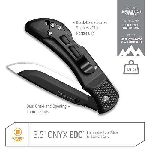 OUTDOOR EDGE Onyx EDC 3.5" Folding Pocket Knife – Replaceable Blade System with 27 Razor-Sharp Blades, Pocket Clip & Lockback Safety - Everyday Carry Knife for Outdoorsmen, Hunters & DIY Tasks 3.5" Onyx (27 Blades)
