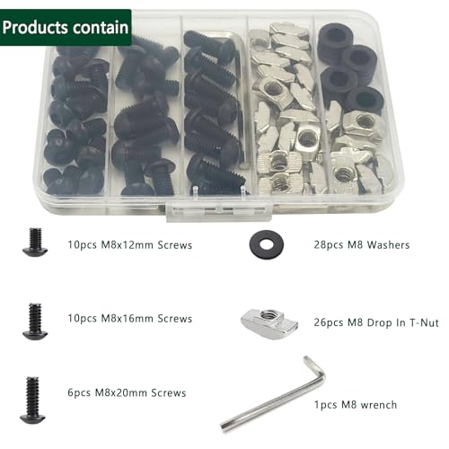 80 pcs M8 T Nut Screws Kit for 4040 4080 Aluminum Extrusion, 26 pcs Black M8x12/16/20mm Hexagon Socket Carbon Steel Screws and 26 pcs M8 Drop in T-Nuts, 28 Washers with Hex Wrench 80pcs 40 Series Screws Kit Black