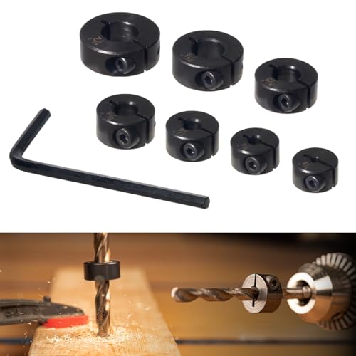  [AUSTRALIA] - POWERTEC Drill Bit Stop Collar Set, 7 Piece Set Adjustable Drill Bit Depth Stopper w/Allen Wrench, Bits Stop w/Imperial System Size Markings 1/8",3/16",1/4",5/16",3/8",7/16",1/2", 2 Sets (71491-P2) 2PK 7PC Imperial Drill Stop Set (1/8"-1/2")