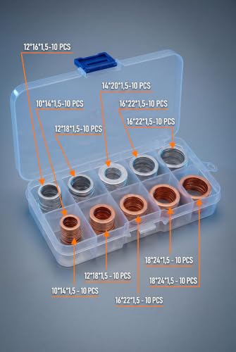 100 PCS Oil Drain Plug Crush Washers, M10 M12 M14 M16 M18 Assortment Kit, Mixed Copper and Aluminum Sealing Gaskets with Plastic Storage Box, Universal Car Oil Pan Drain Plug Replacement