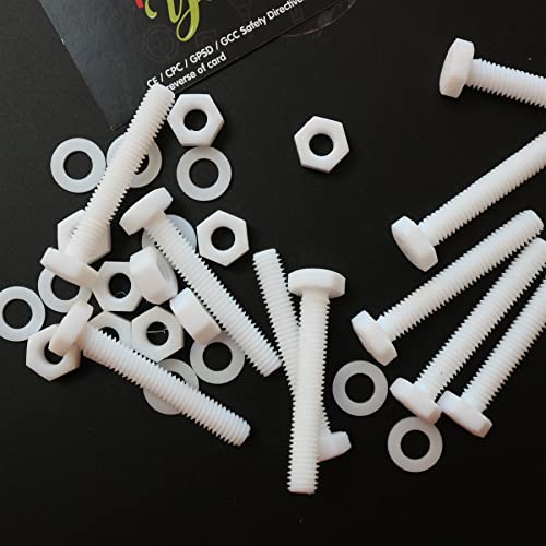 10x Natural PTFE Hex Head Plastic Screws & Bolts M6 x 40mm, Nuts & Washers