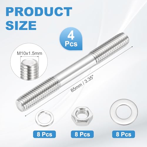 MECCANIXITY 4Set M10x85mm Double Ended Stud Screws, 304 Stainless Steel Dual Threaded Rod Bar Bolts Studs with Nut Washer for House Maintenance Structural Anchoring Fastening Screw 4