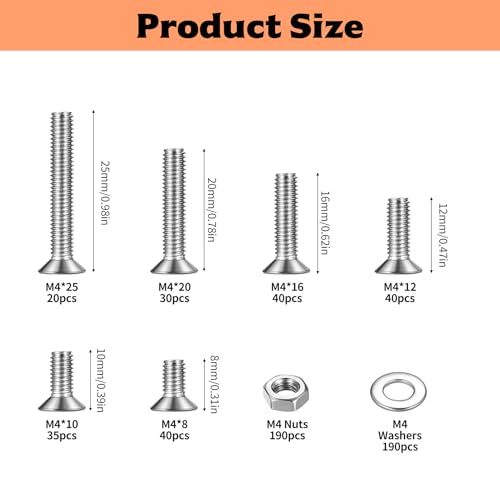 585 Pcs M4 Machine Screws and Nuts Set,Countersunk Screws