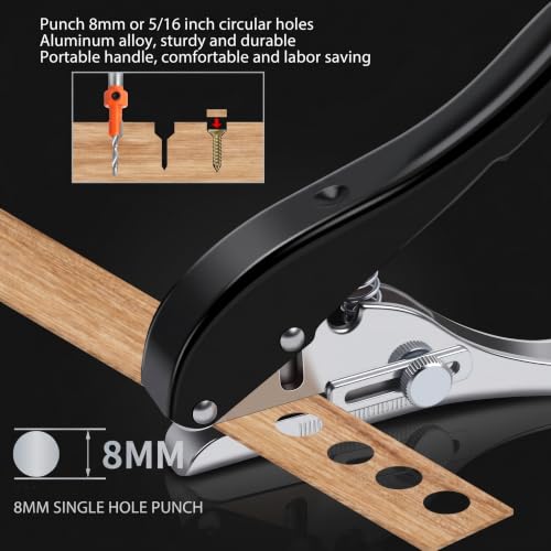 Single Hole Punch 0.3inch/8mm, Heavy Duty Punching Pliers with 5 Countersunk Drill Bits (2.8-4.0mm) for Paper, Screw Hole Covers, PVC, Cards & Thin Wood, Adjustable Screw Cover Hole Punch 8mm black