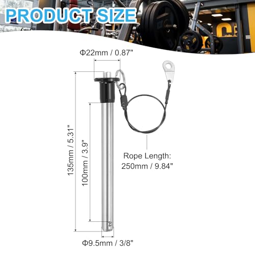 PATIKIL 3/8"(9.5mm) Diameter 304 Stainless Steel Quick Release Pin, Usable Length 3.9"(100mm) Push-Button Ball Locking Pin with 25cm Lanyard Cable M5 Screw, Silver 3/8" x 3.9"