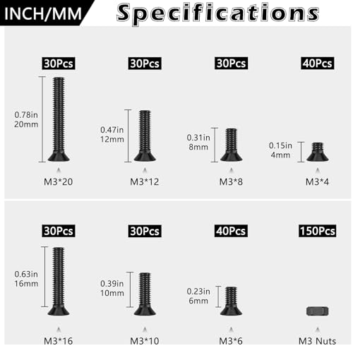 380 Pcs M3 Black Flat Head Machine Screws and Hex Nuts Kit Carbon Steel Countersunk Head Phillips Screws Bolts Assortment,M3 x 4mm/ 6mm/ 8mm/ 10mm/ 12mm/ 16mm/ 20mm 380