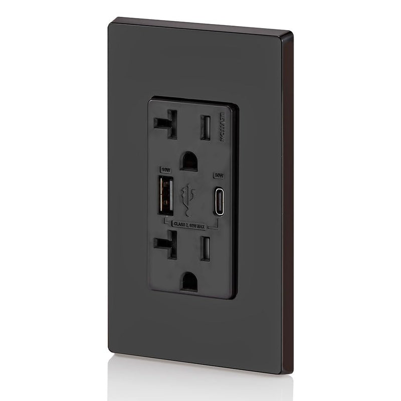 Leviton T5834-E 60W (20V@2.5A+ 5V@2A) USB Dual Type A/Type-C Power Delivery in-Wall Charger with 20A Tamper-Resistant Outlet, USB Charger for Smartphones, Tablets, Laptops, Black Type A/C 60W USB