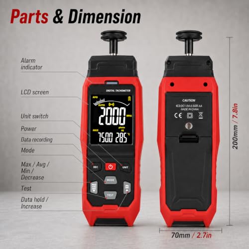 Digital Handheld Tachometer RPM Meter, 2-in-1 Contact and Non Contact Laser Photo Tachometer with Data Logging, RPM Measuring with USB PC Connection & Data Export