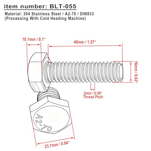 [AUSTRALIA] - (Pack of 5pcs) M16 Thread Pitch 2mm 304 Stainless Steel Metric Hex Head Cap Screws Bolts, Hexagon Head Bolts (M16x40mm) M16x40mm