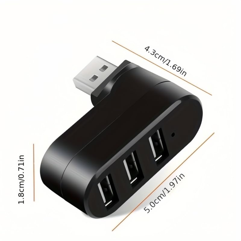 3-Port USB Hub Splitter Adapter Rotating Compact Plug and Play Swivel Design No Battery Required for Laptops PCs Travel, Black