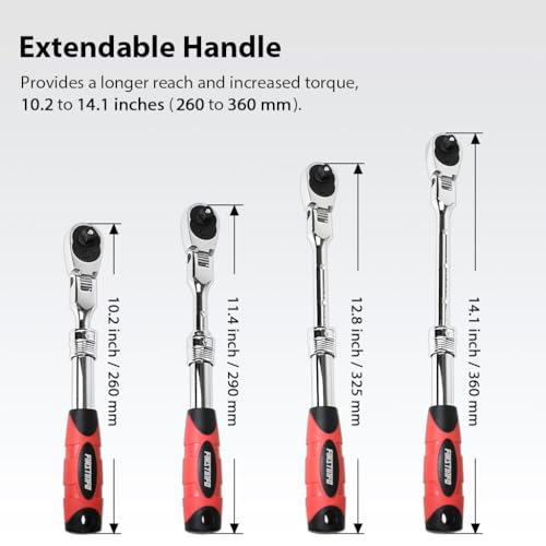FIRSTINFO F3222NC 3/8-Inch Drive Locking & Flexible Extendable Ratchet Wrench Reversible, Soft-Grip with 72-Tooth Geared Action (Length: 10.2 to 14.1 inches)
