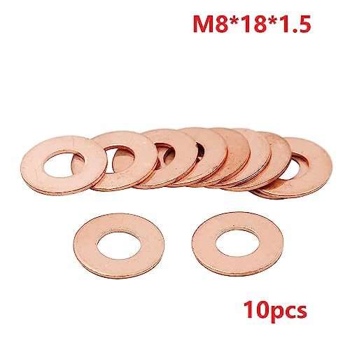 10pcs M8 Copper Washers Flat Ring Sump Plug Oil Seal Gasket Sealing Fitting Washers (M8*18 * 1.5)