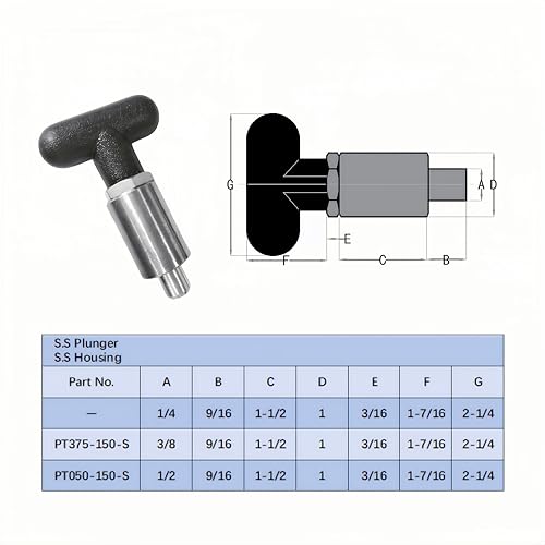 T knob Spring Loaded Pop Pin Spring Loaded Zinc Plated Steel Plunger POP Pull Pin Tire Carrier Pin , Black Plastic T-Handle Knob Round Nut W/Grub Screw Lock. (T-Handle, 3/8" Diameter)