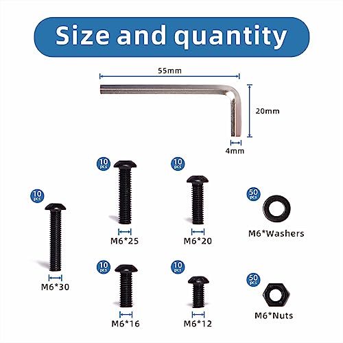 150PCS Button Head Hex Socket Cap Screws Bolts Nuts Washer Assortment Kit,10.9 Grade Alloy Steel Black Oxide, M6 x 12/16/20/25/30mm 150 1.0 Millimeters