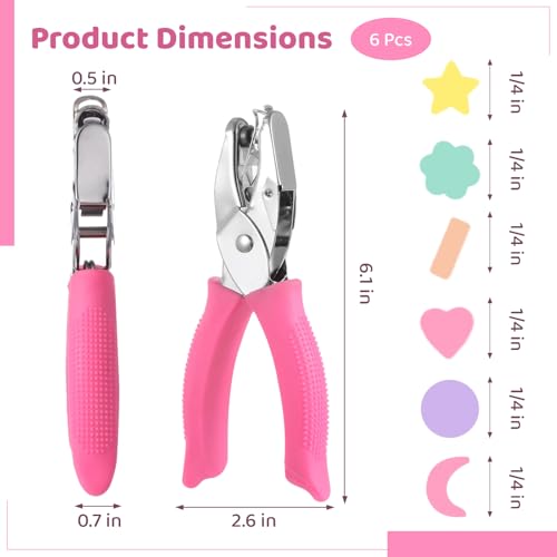 6 Pcs Handheld Craft Hole Punchers, Metal Paper Punchers, 1/4" Single-Hole Tag Punchers, Includes Rectangle, Star, Moon, Circle, Flower, Heart Shapes, Ideal for Binder & Scrapbooking