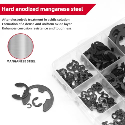 455Pcs E-Clip External Retaining Rings Snap Rings Assortment Set, High Carbon Steel C-Clip Kit, 14 SAE Sizes Circlip Snap Rings M1.5- M15 455pcs E-clip Carbon Steel