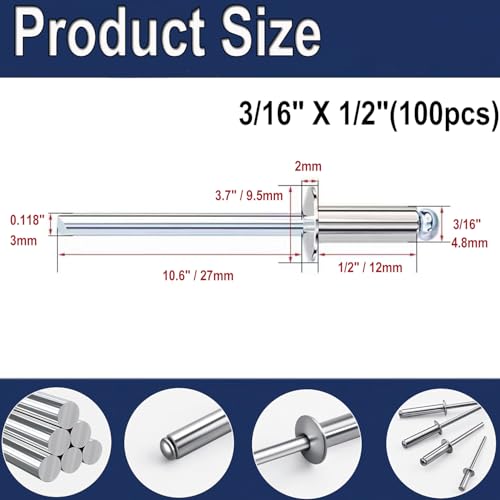 100pcs 3/16" x1/2" Stainless Blind Rivets,Pop Rivets,Open-End Blind Rivets 304 Stainless Steel Grip and Steel Mandrel, 4.8 x 12mm