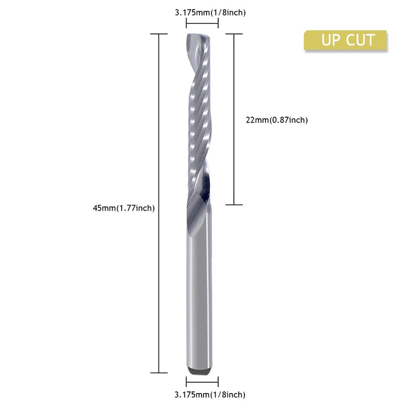 1/8Inch Shank,Single Flute (O Flute) Up Cut Spiral Router Bits End Mill Cutter, 1/8 inch Cutting Diameter, 0.87 inch Cutting Length,1.77 Inch OVL for Acrylic PVC MDF Plastic 3.175x3.175x22mm