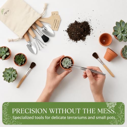 Indoor Garden Tools for Gardening - KiiZYS 12-Piece Small Garden Tools Set - Indoor Gardening Gifts for Women - Mini Hand Tools House Plant Tool Artistically Illustrated Gift Box