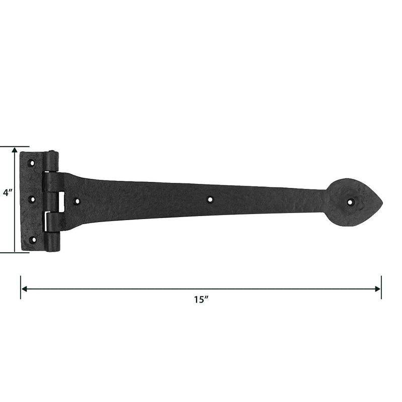 Renovators Supply Manufacturing Gate Hinges 15 in. Black Wrought Iron Spade Tip Strap Hinges for Gates and Doors with Mounting Hardware Pack of 1