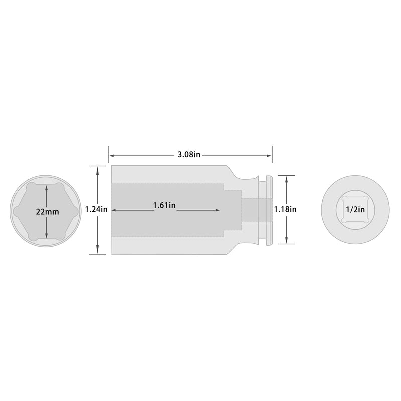 1/2-Inch Drive 22mm Deep Impact Socket with 6-Point Design, Heat-Treated Chrome Molybdenum Alloy Steel, Metric, Hex Deep Socket 1/2” Drive 22mm Deep 1/2” Drive Deep Socket