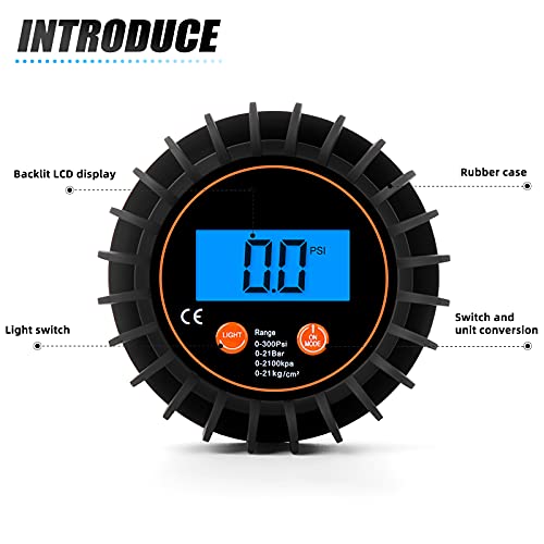 MEANLIN MEASURE 0-300psi Pressure Gauge with 1/8'' NPT Back Connector and Rubber Protector,LED Digital Display,Accuracy 1% .F.S. 0 - 300 PSI Back Mount