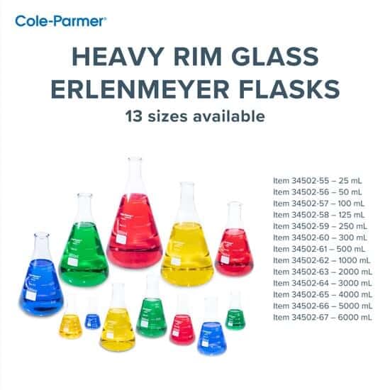 Cole-Parmer Laboratory Grade Glass Erlenmeyer Flask, 2000 mL case of 1