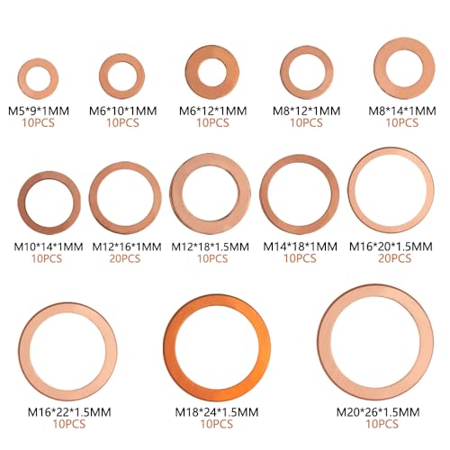 TOVOT 150PCS Copper Washers Assortment Set 8 Sizes Crush Washers Flat Washer Kit (M5/6/8/10/12/14/16/18/20)